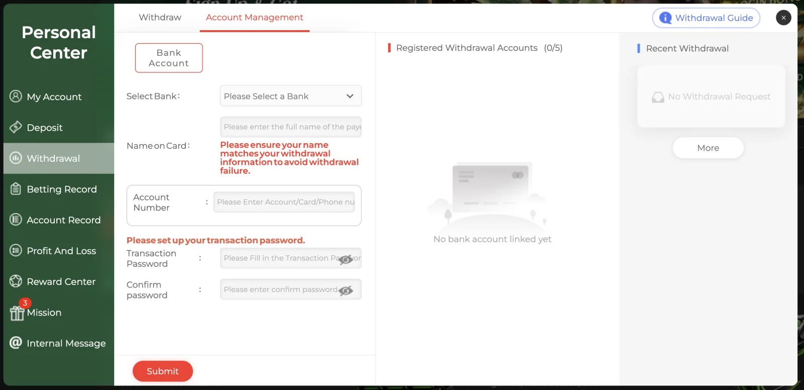 Vinculación de cuenta bancaria: Campos de banco, titular, número de cuenta y contraseña de transacción. Esta pantalla no acredita una licencia ni una verificación KYC completada.